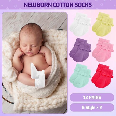 Toulite 12 Pairs Baby Ruffle Ankle Socksturn Cuff Cotton Girls and Boys Non-slip Warm Socks in Saudi Arabia