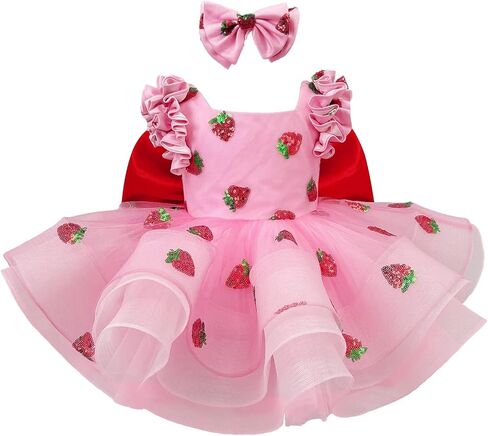 Pink Strawberry Princess Dress for Girls – Layered Tulle Birthday Party Dress with Big Red Bow and Matching Headband in Saudi Arabia