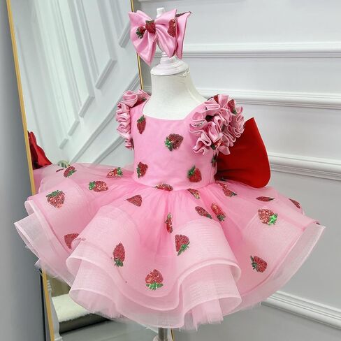 Pink Strawberry Princess Dress for Girls – Layered Tulle Birthday Party Dress with Big Red Bow and Matching Headband in Saudi Arabia