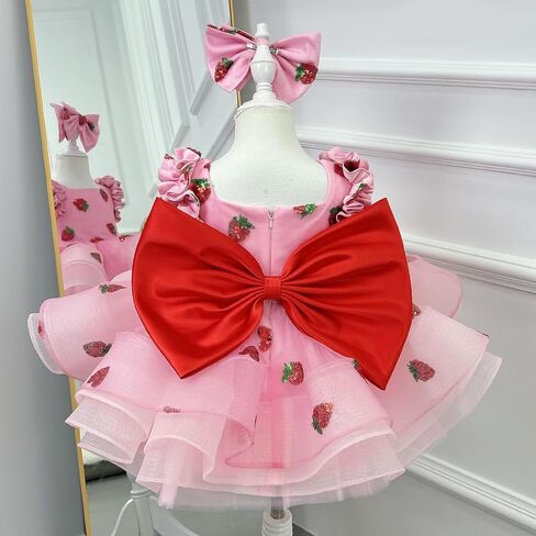 Pink Strawberry Princess Dress for Girls – Layered Tulle Birthday Party Dress with Big Red Bow and Matching Headband in Saudi Arabia