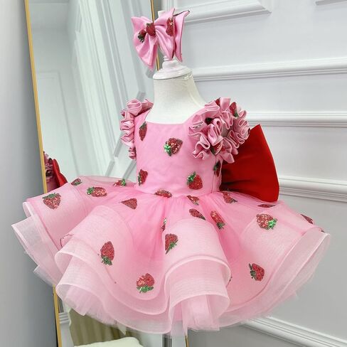 Pink Strawberry Princess Dress for Girls – Layered Tulle Birthday Party Dress with Big Red Bow and Matching Headband in Saudi Arabia