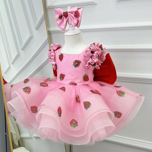 Pink Strawberry Princess Dress for Girls – Layered Tulle Birthday Party Dress with Big Red Bow and Matching Headband in Saudi Arabia