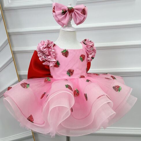 Pink Strawberry Princess Dress for Girls – Layered Tulle Birthday Party Dress with Big Red Bow and Matching Headband in Saudi Arabia