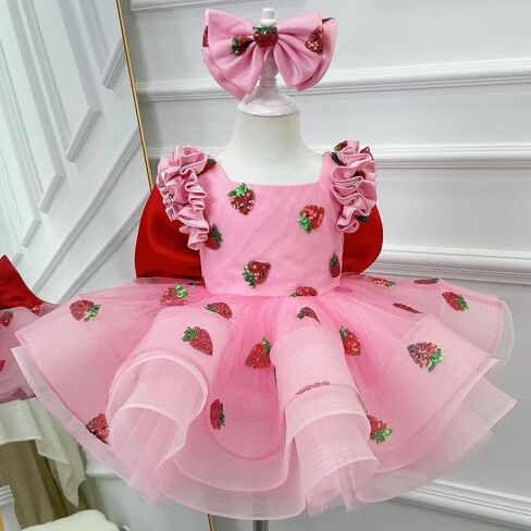 Pink Strawberry Princess Dress for Girls – Layered Tulle Birthday Party Dress with Big Red Bow and Matching Headband in Saudi Arabia