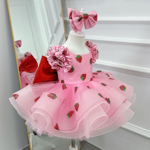 Pink Strawberry Princess Dress for Girls – Layered Tulle Birthday Party Dress with Big Red Bow and Matching Headband in Saudi Arabia