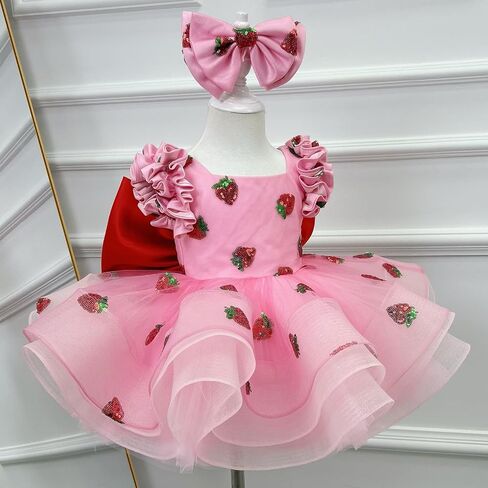Pink Strawberry Princess Dress for Girls – Layered Tulle Birthday Party Dress with Big Red Bow and Matching Headband in Saudi Arabia