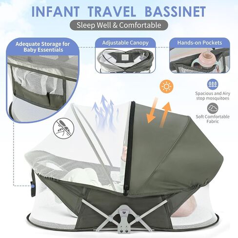 Portable Baby Bassinet Travel Baby Bed, Baby Cribs Travel Pod for Outdoors Baby Lounger Infant Travel Bed with Mosquito Net and Sunshade Canopy, Lightweight Washable in Saudi Arabia