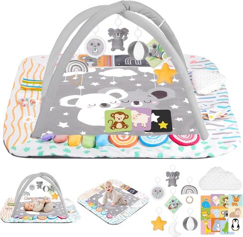 Baby Play Mat Activity Gym with Tummy Time Pillow, 6 Developmental Zones Tummy Time Mat, 6 Detachable Sensory Toys and Educational Cards, Essential Baby Shower Set, Grey Koala in Kuwait