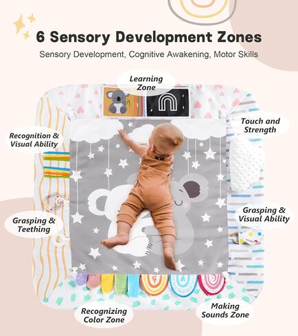 Baby Play Mat Activity Gym with Tummy Time Pillow, 6 Developmental Zones Tummy Time Mat, 6 Detachable Sensory Toys and Educational Cards, Essential Baby Shower Set, Grey Koala in Kuwait