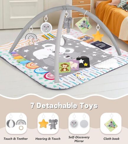 Baby Play Mat Activity Gym with Tummy Time Pillow, 6 Developmental Zones Tummy Time Mat, 6 Detachable Sensory Toys and Educational Cards, Essential Baby Shower Set, Grey Koala in Kuwait