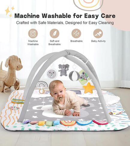 Baby Play Mat Activity Gym with Tummy Time Pillow, 6 Developmental Zones Tummy Time Mat, 6 Detachable Sensory Toys and Educational Cards, Essential Baby Shower Set, Grey Koala in Kuwait