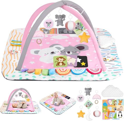 Baby Play Mat Activity Gym with Tummy Time Pillow, 6 Developmental Zones Tummy Time Mat, 6 Detachable Sensory Toys and Educational Cards, Essential Baby Shower Set, Grey Koala in Kuwait