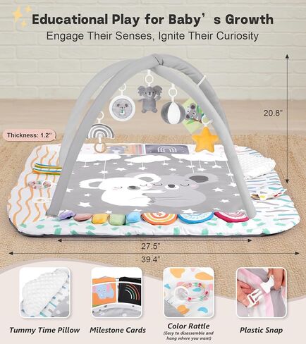 Baby Play Mat Activity Gym with Tummy Time Pillow, 6 Developmental Zones Tummy Time Mat, 6 Detachable Sensory Toys and Educational Cards, Essential Baby Shower Set, Grey Koala in Kuwait