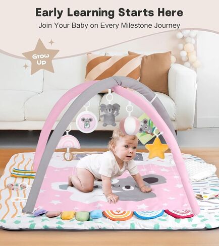 Baby Play Mat Activity Gym with Tummy Time Pillow, 6 Developmental Zones Tummy Time Mat, 6 Detachable Sensory Toys and Educational Cards, Essential Baby Shower Set, Grey Koala in Kuwait