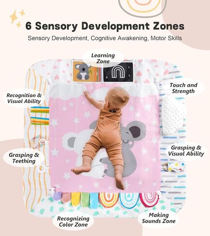 Baby Play Mat Activity Gym with Tummy Time Pillow, 6 Developmental Zones Tummy Time Mat, 6 Detachable Sensory Toys and Educational Cards, Essential Baby Shower Set, Grey Koala in Kuwait
