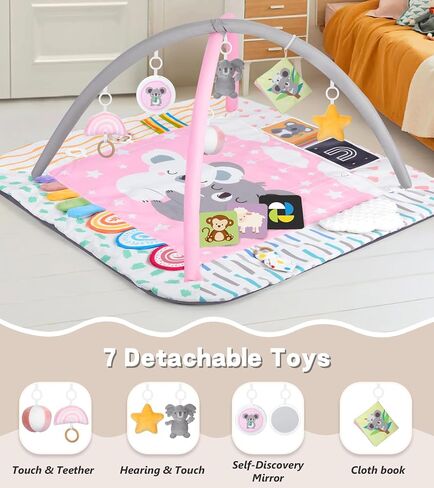 Baby Play Mat Activity Gym with Tummy Time Pillow, 6 Developmental Zones Tummy Time Mat, 6 Detachable Sensory Toys and Educational Cards, Essential Baby Shower Set, Grey Koala in Kuwait
