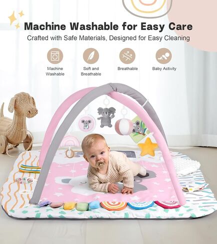 Baby Play Mat Activity Gym with Tummy Time Pillow, 6 Developmental Zones Tummy Time Mat, 6 Detachable Sensory Toys and Educational Cards, Essential Baby Shower Set, Grey Koala in Kuwait