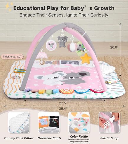 Baby Play Mat Activity Gym with Tummy Time Pillow, 6 Developmental Zones Tummy Time Mat, 6 Detachable Sensory Toys and Educational Cards, Essential Baby Shower Set, Grey Koala in Kuwait