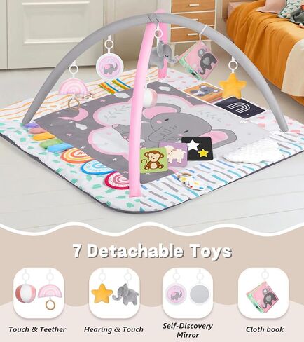طفل Play Play Mat Activity Gym مع وسادة وقت البطن ، 6 مناطق تنموية ، حصيرة وقت البطن ، 6 ألعاب حسية قابلة للفصل وبطاقات تعليمية ، مجموعة أساسية للاستحمام الطفل ، رمادي كوالا in Kuwait