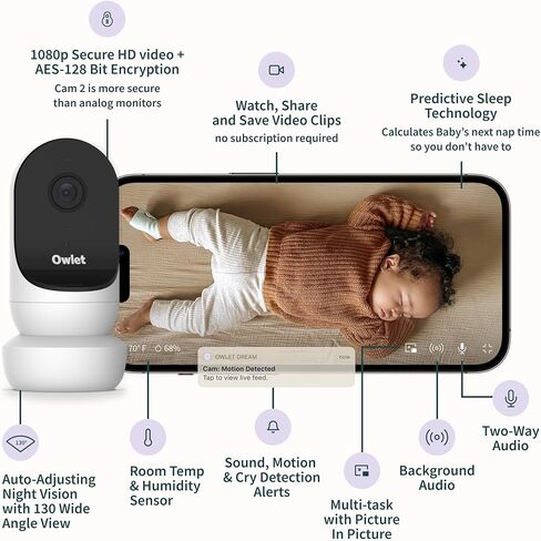 OWLEL CAM SMART VIDEO MONTRY مع كاميرا فيديو وصوت - WIFI آمنة ، رؤية ليلية 1080 بكسل ، تخصيص تنبيهات الصراخ والحركة ، الصوت ثنائي الاتجاه ، مجموعة التثبيت in Kuwait