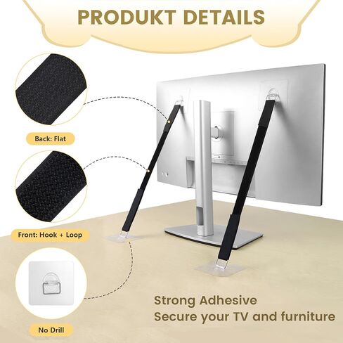 4 Pack Cut to Length TV Safety Straps for Flat Screen, No-Drill Adjustable Anti-Tip Earthquake Straps for TV and Furniture，Including 1in*16ft Hook and Loop Straps with 8 Adhesive Anchors in Saudi Arabia