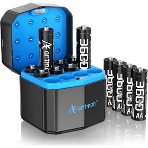 Artman Lithargable Lithium AA بطاريات 12 حزمة مع شاحن تخزين 12 فحوصات ، 3600MWH بطاريات الليثيوم AA للكاميرا الخارجة في الهواء الطلق ، ثابت 1.5 فول in Saudi Arabia