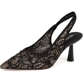 Slingback Wedding Heels for Women Bridal Lace Mesh Kitten Heel Closed Pointed Toe Pearl Pumps Shoes in Kuwait