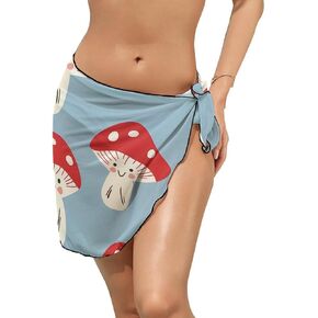 Beach Sarong Wrap with Cute Mushroom Print, Light Blue and Red, Short Length Swim Cover Up in Kuwait