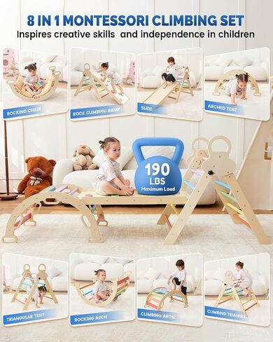 Pikler Triangle مجموعة للأطفال ، 8 في 1 ألعاب Montessori كبيرة التسلق للأطفال الصغار 1-6 داخل المنحدر ، والقوس والمثلث القابل للطي ، وملعب داخلي للأطفال الخشبي in Saudi Arabia