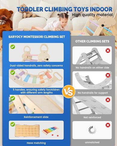 Pikler Triangle مجموعة للأطفال ، 8 في 1 ألعاب Montessori كبيرة التسلق للأطفال الصغار 1-6 داخل المنحدر ، والقوس والمثلث القابل للطي ، وملعب داخلي للأطفال الخشبي in Saudi Arabia