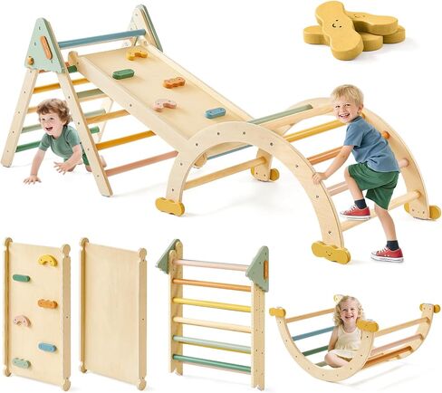 مجموعة Tiny Land Pikler Triangle ، 7-in-1 Montessori Toddler Toddler Toys Indoor و Wooden Playground Jungle Gym للأطفال ، وهدية متسلق للأولاد والبنات ، ألعاب التسلق (Morandi) in Saudi Arabia