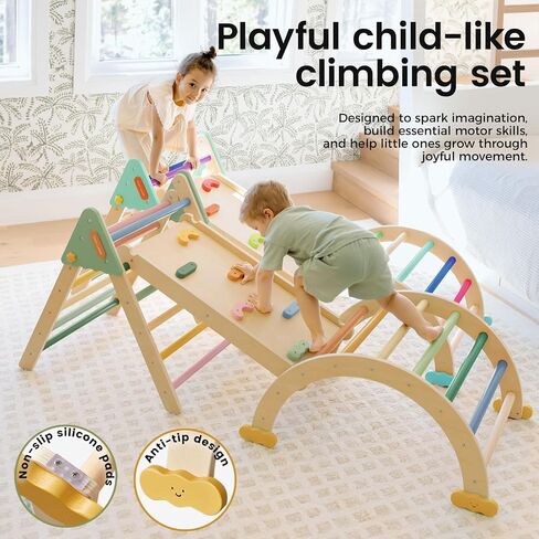 مجموعة Tiny Land Pikler Triangle ، 7-in-1 Montessori Toddler Toddler Toys Indoor و Wooden Playground Jungle Gym للأطفال ، وهدية متسلق للأولاد والبنات ، ألعاب التسلق (Morandi) in Saudi Arabia