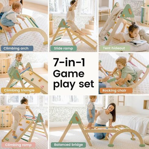 مجموعة Tiny Land Pikler Triangle ، 7-in-1 Montessori Toddler Toddler Toys Indoor و Wooden Playground Jungle Gym للأطفال ، وهدية متسلق للأولاد والبنات ، ألعاب التسلق (Morandi) in Saudi Arabia