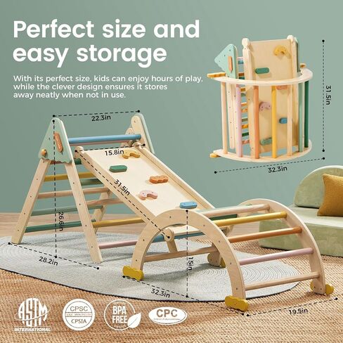 مجموعة Tiny Land Pikler Triangle ، 7-in-1 Montessori Toddler Toddler Toys Indoor و Wooden Playground Jungle Gym للأطفال ، وهدية متسلق للأولاد والبنات ، ألعاب التسلق (Morandi) in Saudi Arabia