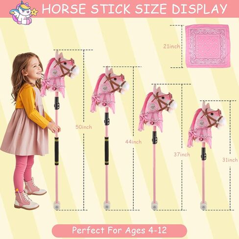 Hobby Horse on a Stick,30 to 50In Stick Horse for Kids 3-12 Years Plush Handcrafted Party Cowgirl Music Pink Pony Horse Toy with Illuminated Wheel Stainless Steels Soft Sponge Handle (Pink) in Kuwait