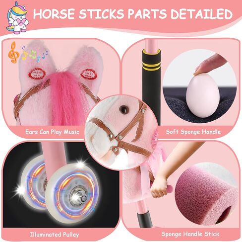 Hobby Horse on a Stick,30 to 50In Stick Horse for Kids 3-12 Years Plush Handcrafted Party Cowgirl Music Pink Pony Horse Toy with Illuminated Wheel Stainless Steels Soft Sponge Handle (Pink) in Kuwait