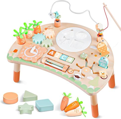Activity Table for 1+ Year Old, 9-in-1 Montessori Wooden Sensory Play Table with Shape Sorter Fishing Game Bead Maze, Baby Activity Center Learning Toys for Toddler 12-18 Months in Kuwait