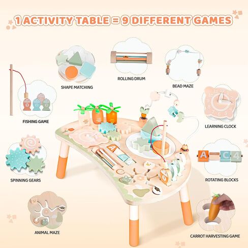 Activity Table for 1+ Year Old, 9-in-1 Montessori Wooden Sensory Play Table with Shape Sorter Fishing Game Bead Maze, Baby Activity Center Learning Toys for Toddler 12-18 Months in Kuwait