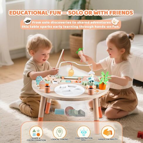 Activity Table for 1+ Year Old, 9-in-1 Montessori Wooden Sensory Play Table with Shape Sorter Fishing Game Bead Maze, Baby Activity Center Learning Toys for Toddler 12-18 Months in Kuwait