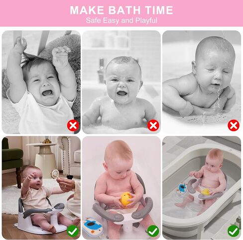 Baby Bath seat for Babies 6 Months & up, 360° Stable Toddler Bath Chair with one-Touch Button, Back Hollow Design, Water Temperature Card & 4 Suction Cups for Safety (Gray) in Saudi Arabia