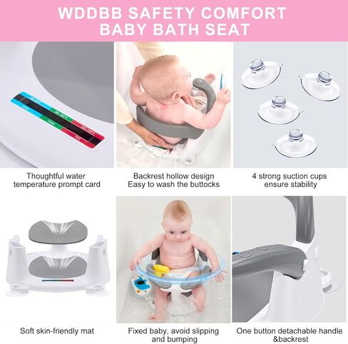Baby Bath seat for Babies 6 Months & up, 360° Stable Toddler Bath Chair with one-Touch Button, Back Hollow Design, Water Temperature Card & 4 Suction Cups for Safety (Gray) in Saudi Arabia