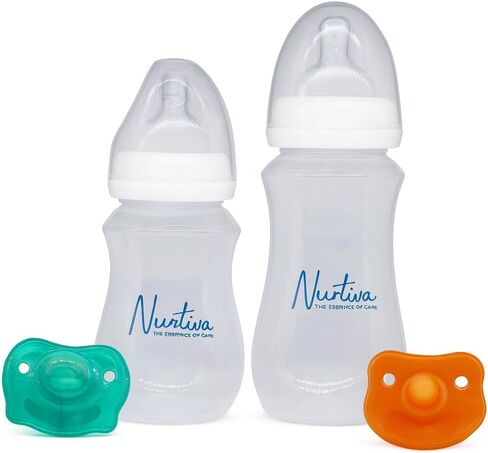 Baby Bottle Set for Newborns - 2 BPA-Free Feeding Bottles (240ml & 300ml) with Silicone Pacifier - 240 ml is from 0-12 Months and 300 ml 12 to 24 Months- Milk Bottle Kit for New Born Babies in Saudi Arabia