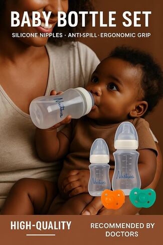 Baby Bottle Set for Newborns - 2 BPA-Free Feeding Bottles (240ml & 300ml) with Silicone Pacifier - 240 ml is from 0-12 Months and 300 ml 12 to 24 Months- Milk Bottle Kit for New Born Babies in Saudi Arabia