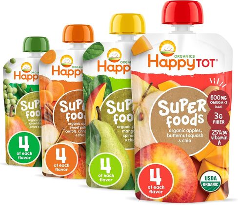 Happy Tot Organics Stage 4 Baby Food Pouches, Gluten Free, Vegan Snack, SuperFoods Fruit & Veggie Puree & Chia Variety Pack, 4.22 Ounce (Pack of 16), Amazon Exclusive in Kuwait