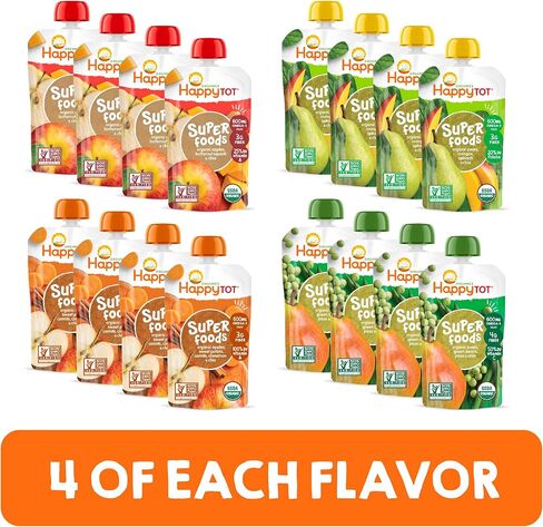 Happy Tot Organics Stage 4 Baby Food Pouches, Gluten Free, Vegan Snack, SuperFoods Fruit & Veggie Puree & Chia Variety Pack, 4.22 Ounce (Pack of 16), Amazon Exclusive in Kuwait