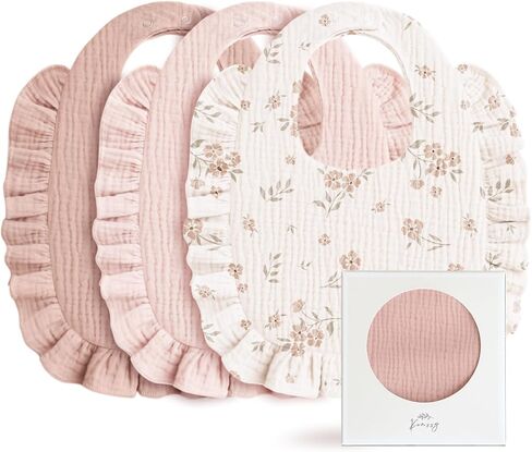 Konssy 3-Pack Muslin Baby Girl Bibs, 100% Cotton with Ruffle Trim | Ultra Soft & Absorbent, Baby Essentials for Drooling and Teething, for Newborn, Infant & Toddler 0-36 Months in Saudi Arabia