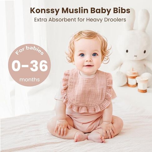 Konssy 3-Pack Muslin Baby Girl Bibs, 100% Cotton with Ruffle Trim | Ultra Soft & Absorbent, Baby Essentials for Drooling and Teething, for Newborn, Infant & Toddler 0-36 Months in Saudi Arabia