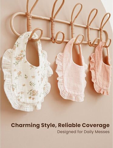 Konssy 3-Pack Muslin Baby Girl Bibs, 100% Cotton with Ruffle Trim | Ultra Soft & Absorbent, Baby Essentials for Drooling and Teething, for Newborn, Infant & Toddler 0-36 Months in Saudi Arabia