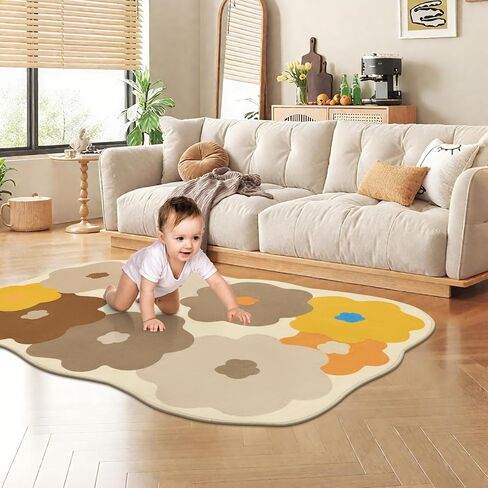Floral Cute Rug 3x5 Irregular Scalloped Rug Beige Flower Shaped Indoor Mat Bedroom Floor Carpet Non Slip Washable Area Rug for Kids Room Playroom Living Room Entryway in Kuwait