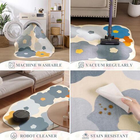 Floral Cute Rug 3x5 Irregular Scalloped Rug Beige Flower Shaped Indoor Mat Bedroom Floor Carpet Non Slip Washable Area Rug for Kids Room Playroom Living Room Entryway in Kuwait